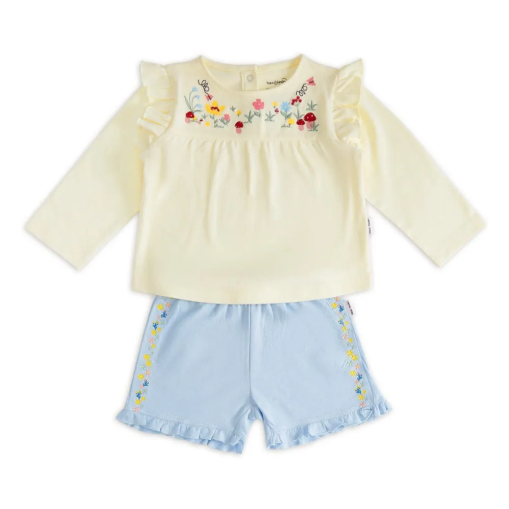 100% Cotton Full Sleeve Girl Top & Shorts Off, white - Blue