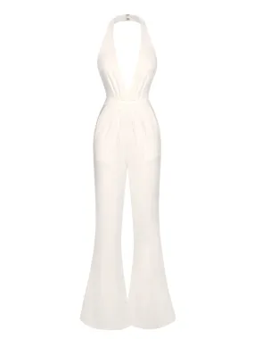 1930s Solid Deep V-Neck Halter Jumpsuit
