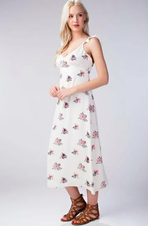 Along the Prairie White Floral Midi Dress