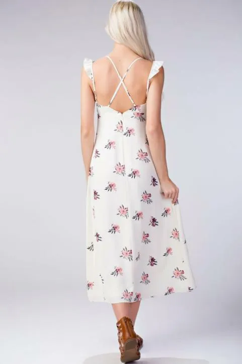 Along the Prairie White Floral Midi Dress