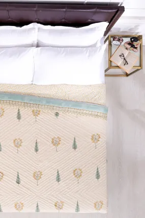 Arab Palm Hand Block Printed Offwhite Cotton Muslin Quilt