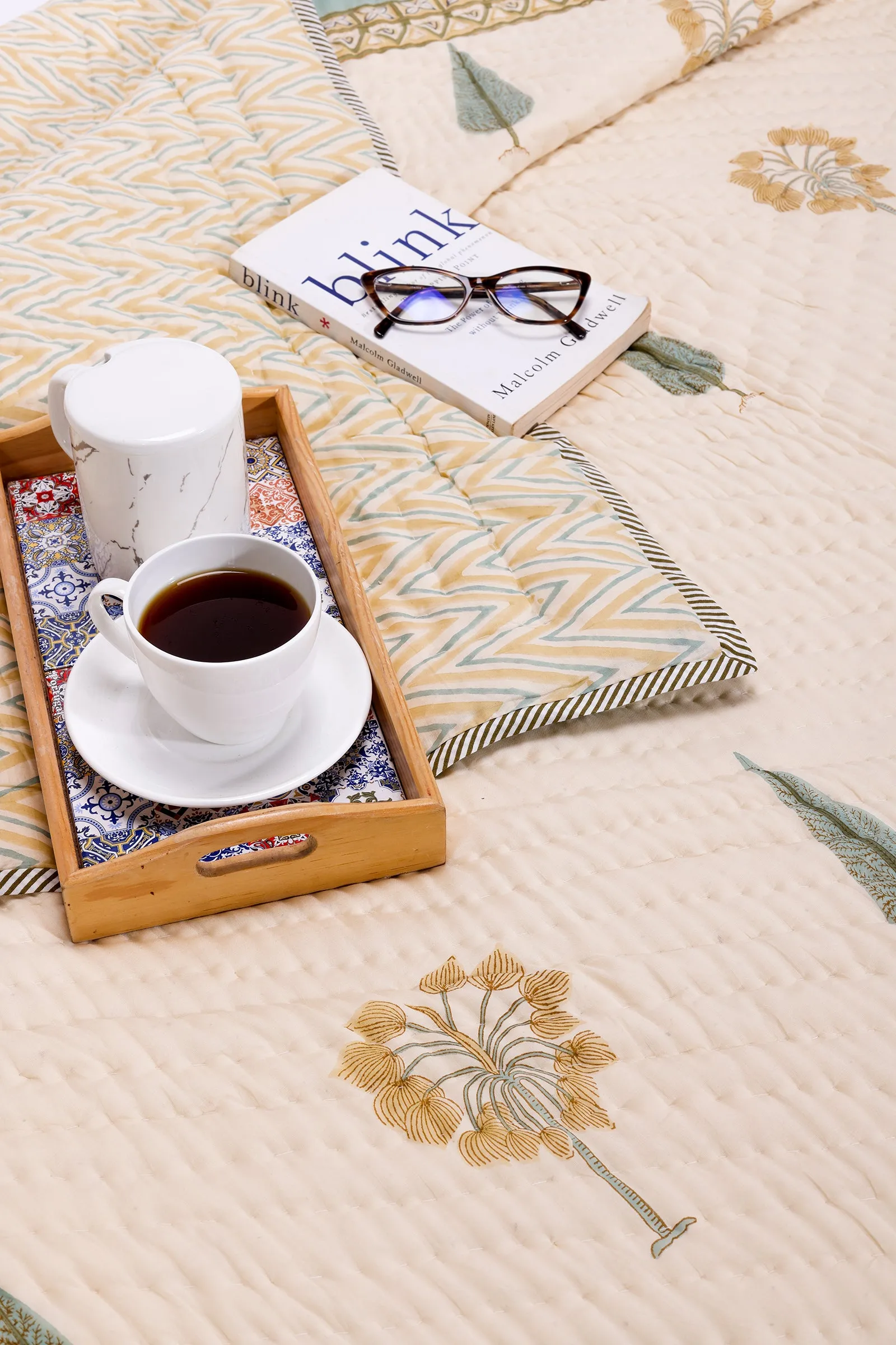 Arab Palm Hand Block Printed Offwhite Cotton Muslin Quilt