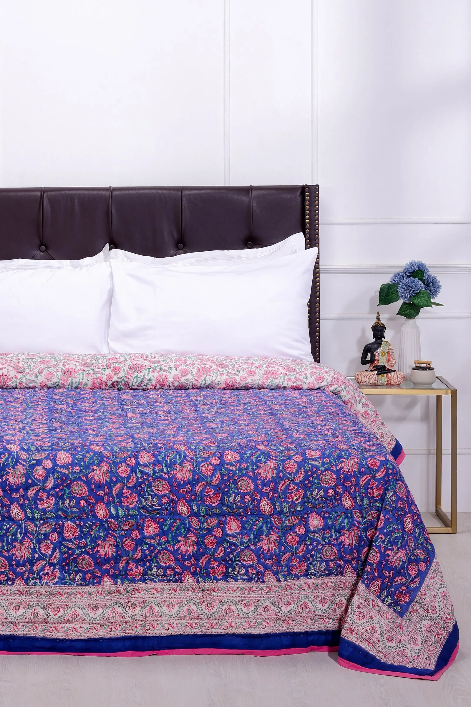 Arohi Jaal Hand Block Printed Navy Blue Cotton Muslin Quilt