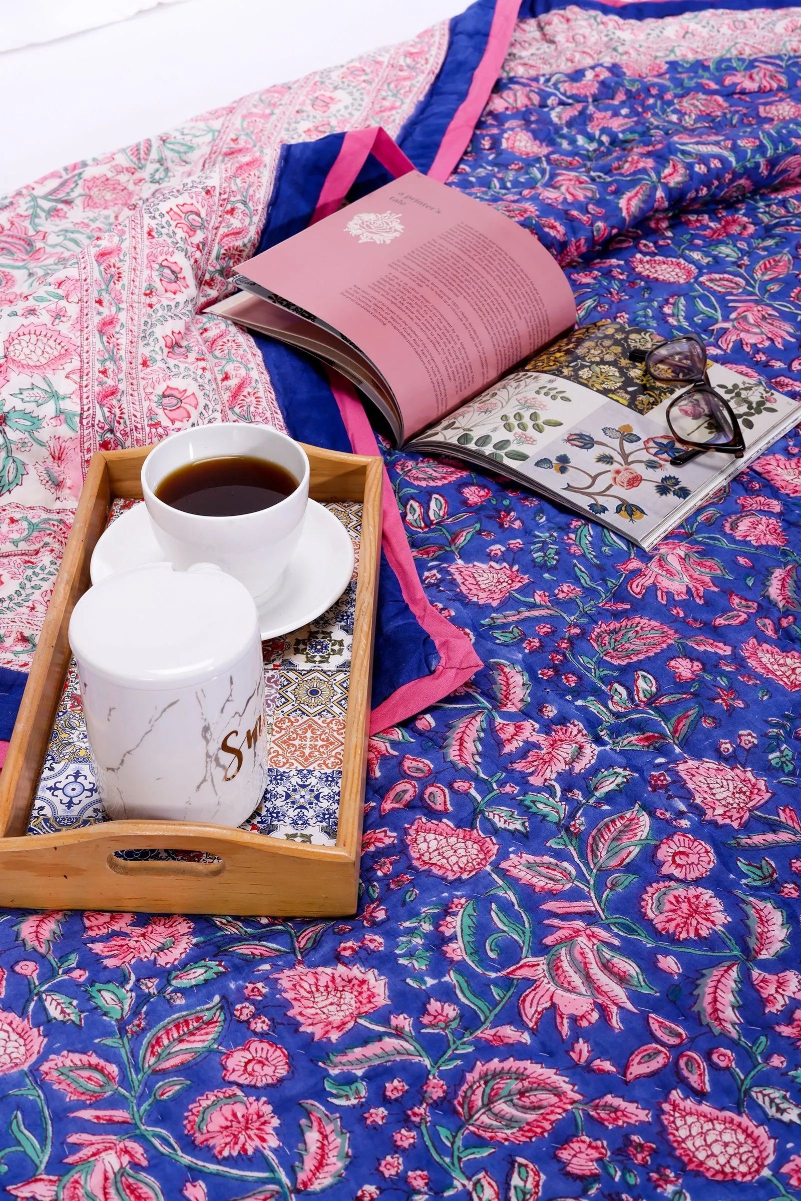 Arohi Jaal Hand Block Printed Navy Blue Cotton Muslin Quilt