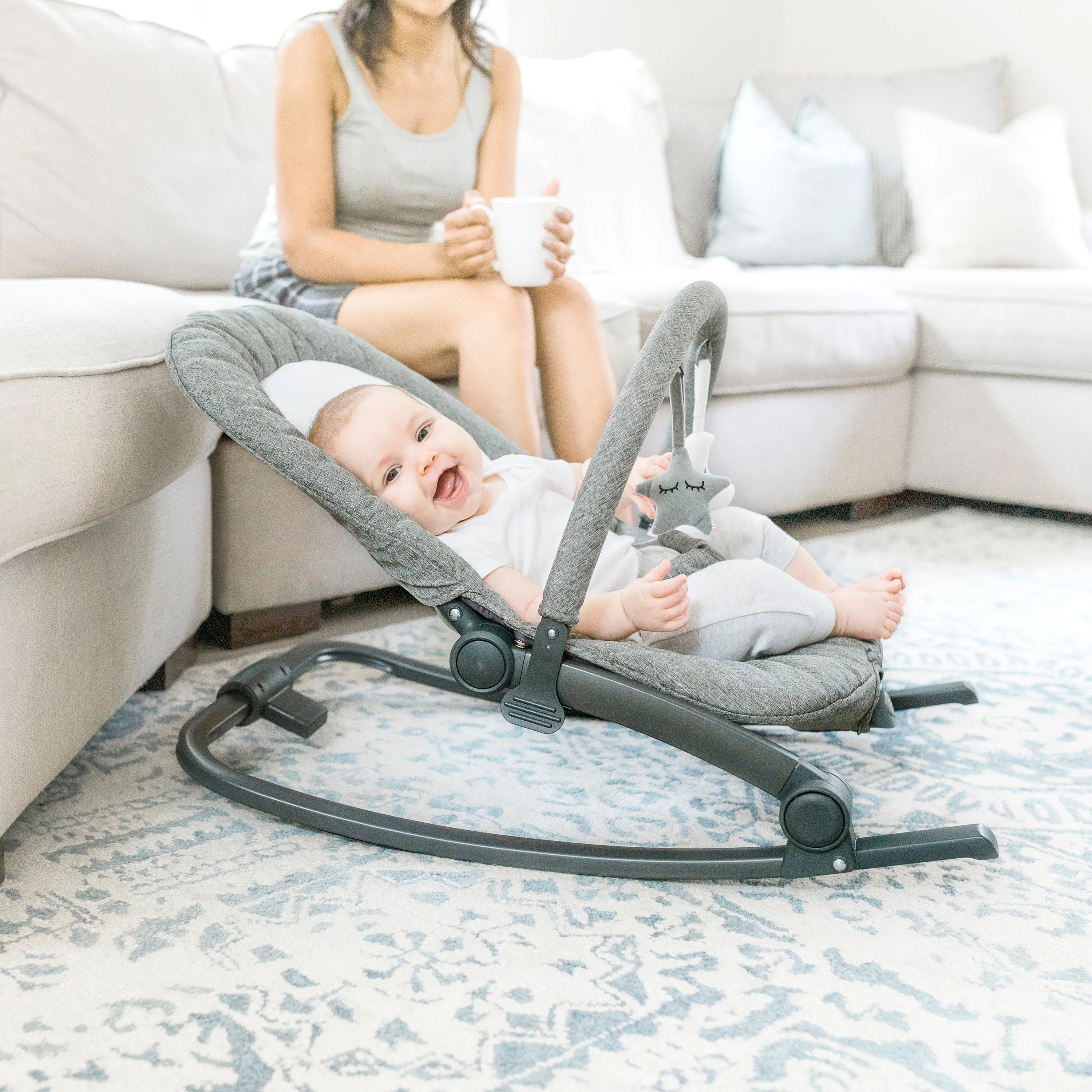Aura Deluxe Portable Rocker & Bouncer - Quilted Charcoal Tweed