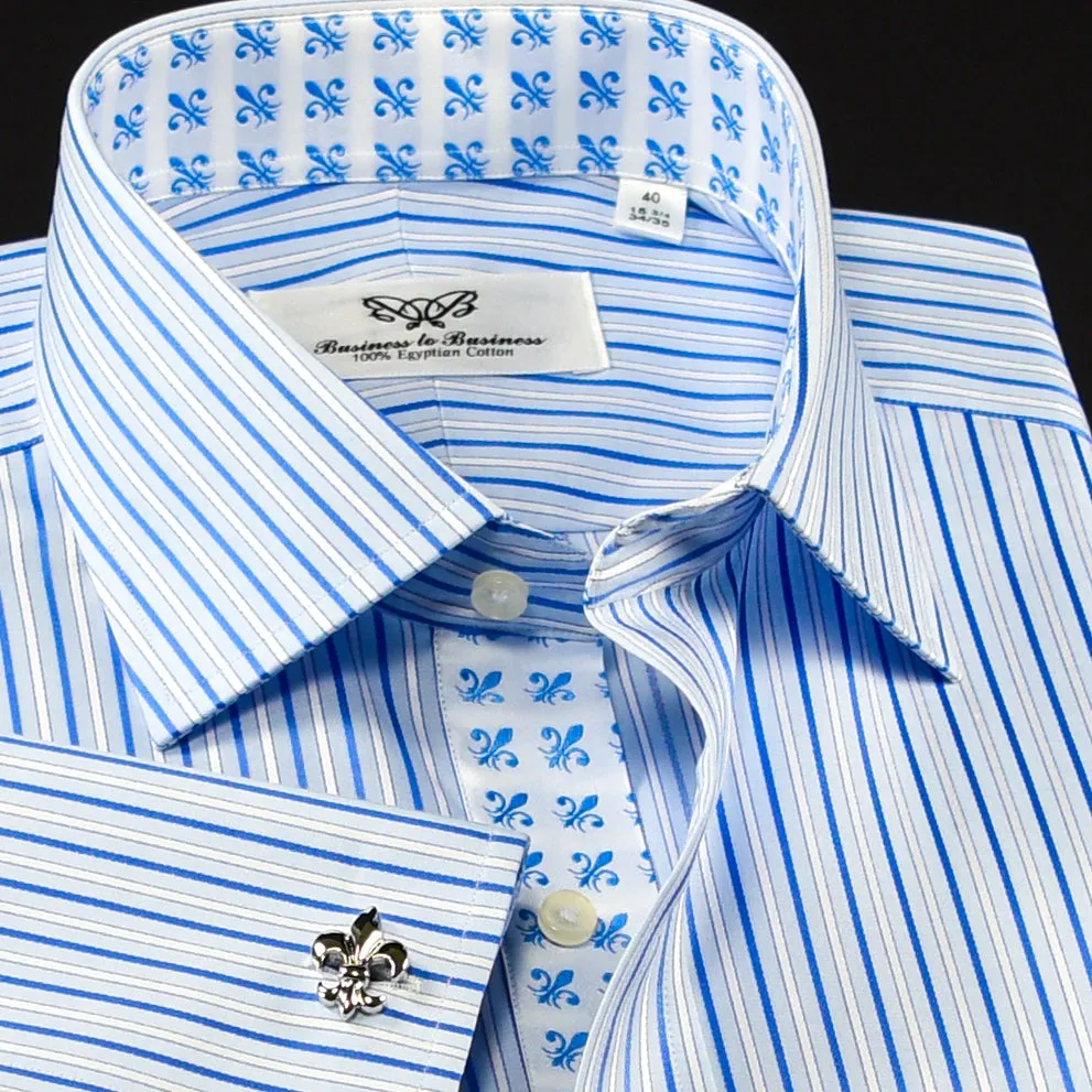 B2B Blue Thin Hollow Stripe Formal Business Dress Shirt With Fleur-de-lis Inner Lining