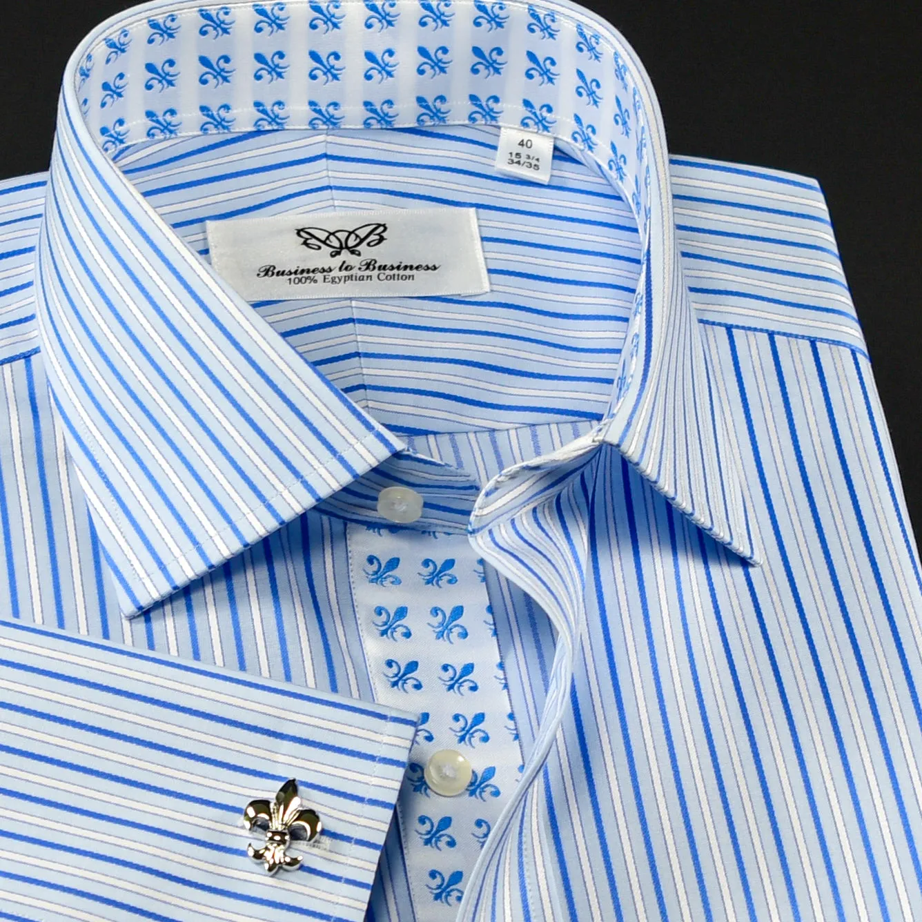 B2B Blue Thin Hollow Stripe Formal Business Dress Shirt With Fleur-de-lis Inner Lining