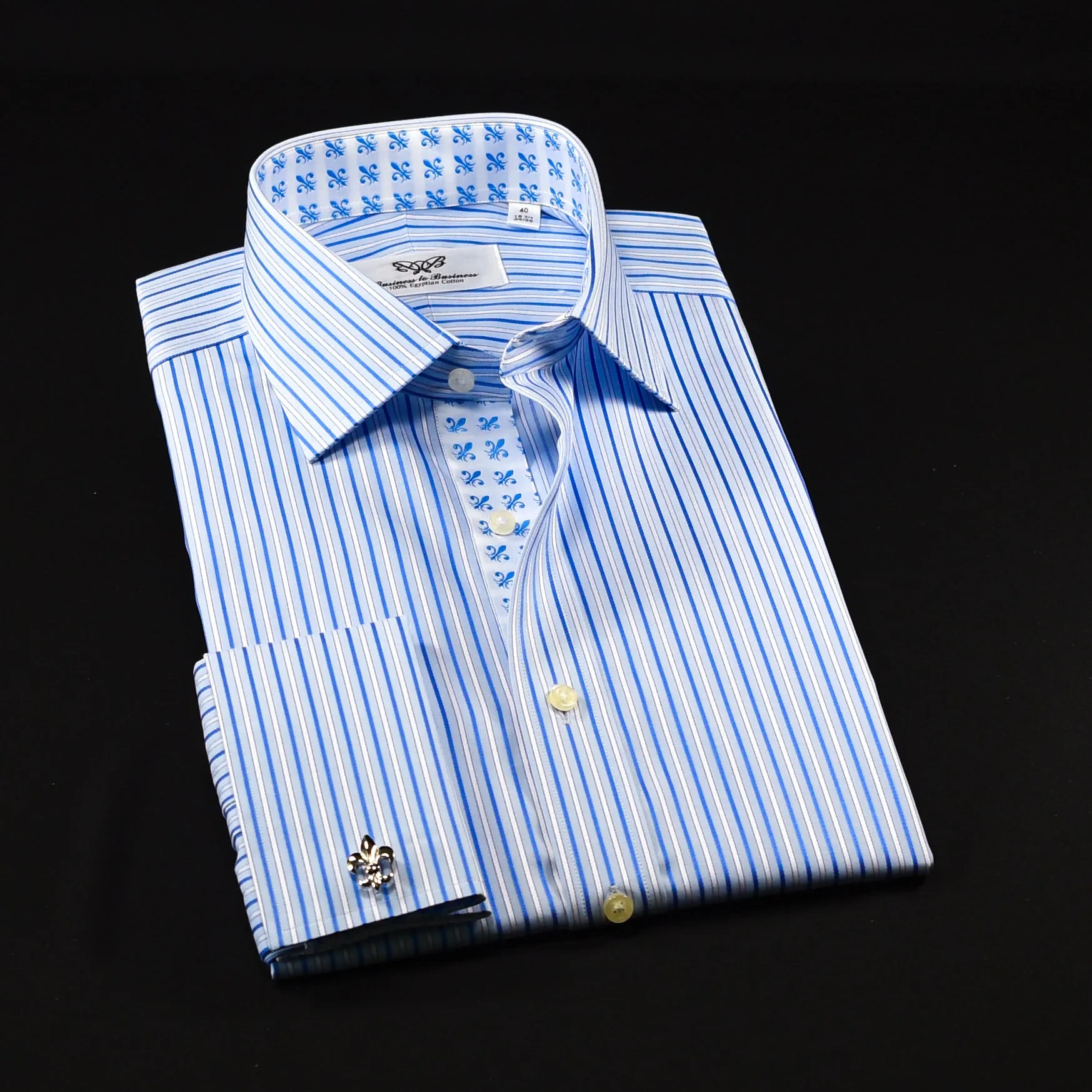 B2B Blue Thin Hollow Stripe Formal Business Dress Shirt With Fleur-de-lis Inner Lining
