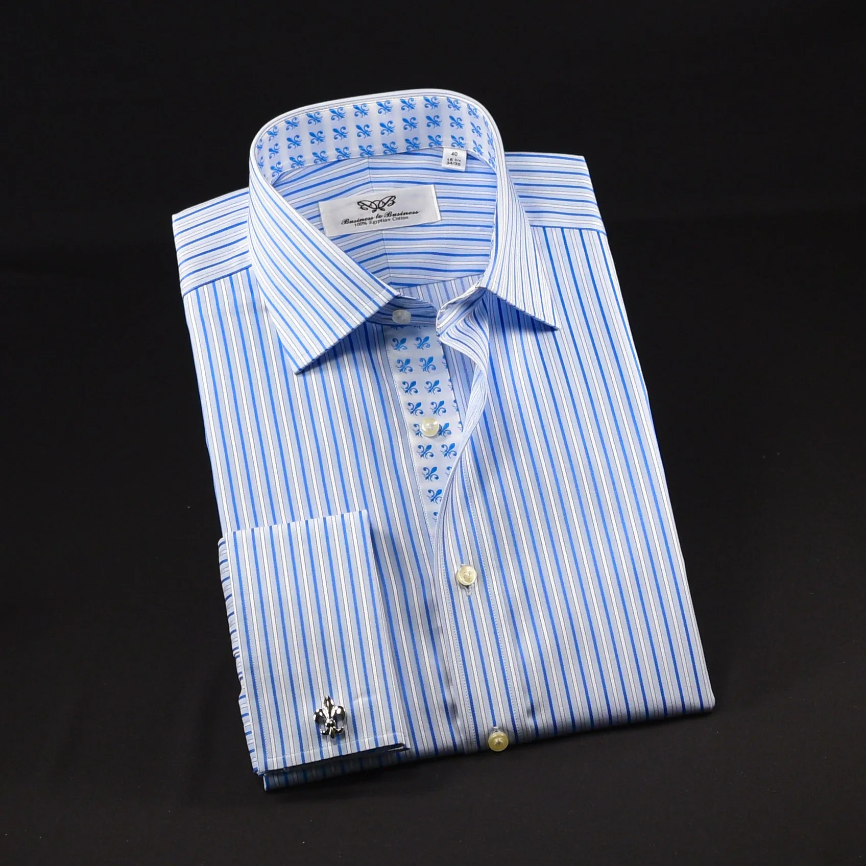 B2B Blue Thin Hollow Stripe Formal Business Dress Shirt With Fleur-de-lis Inner Lining