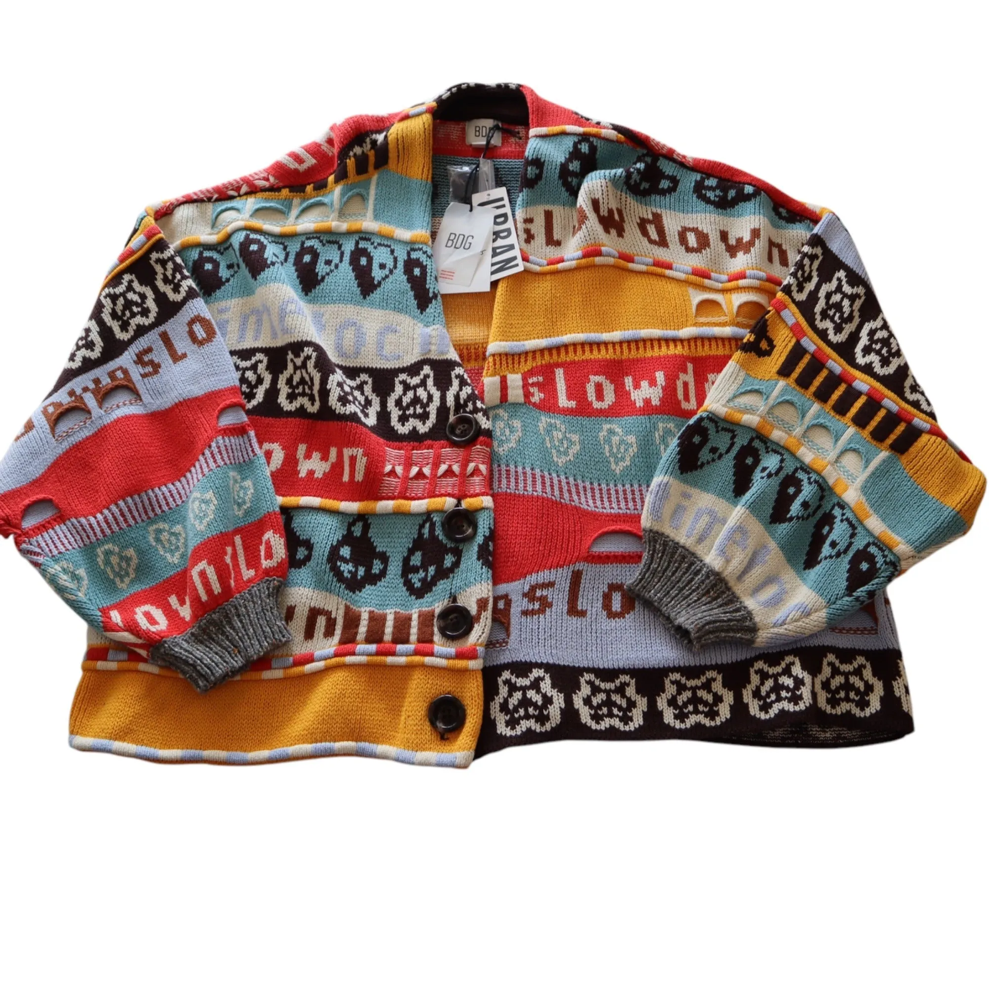 BDG Urban Outfitters Slowdown Patterned Button-Up Cardigan Sweater S Multicolor