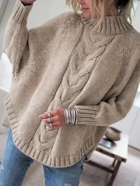 Beige Cable Knit Poncho Style Sweater