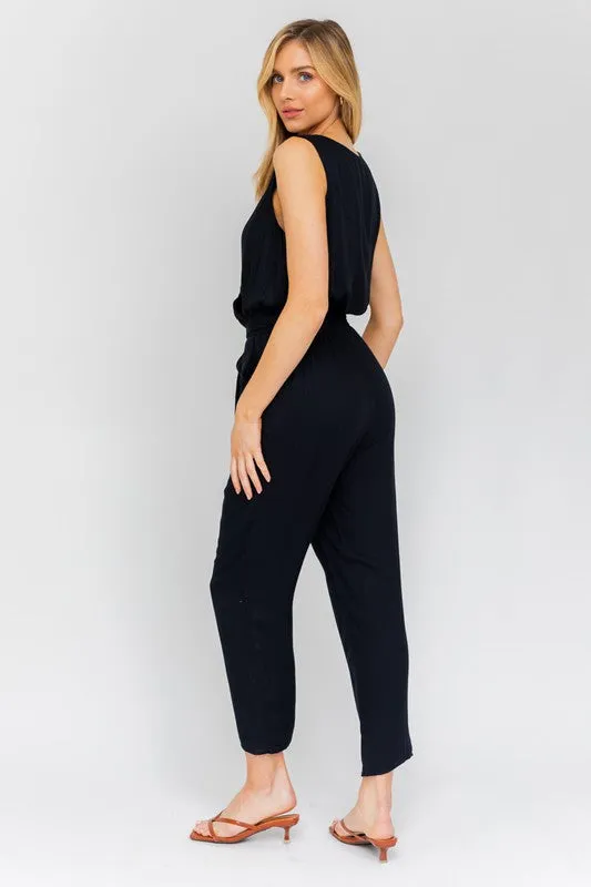 Black Deep V Sleeveless Surplus Jumpsuit