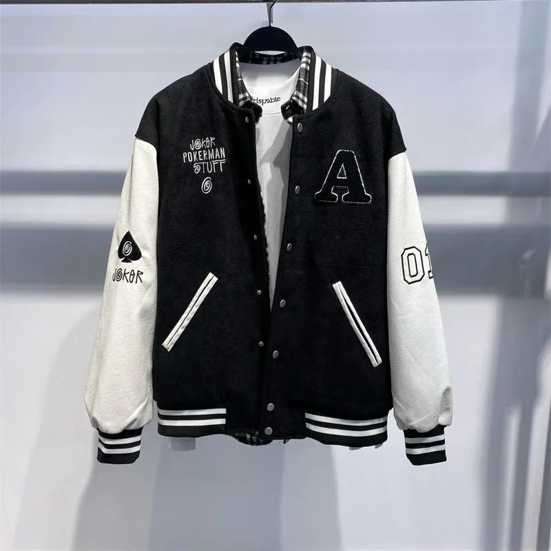 Black Varsity Jacket Racer Jacket Autumn and Winter Baseball Collar Jacket Fashion Racing Suit Coat Woolen Jacket
