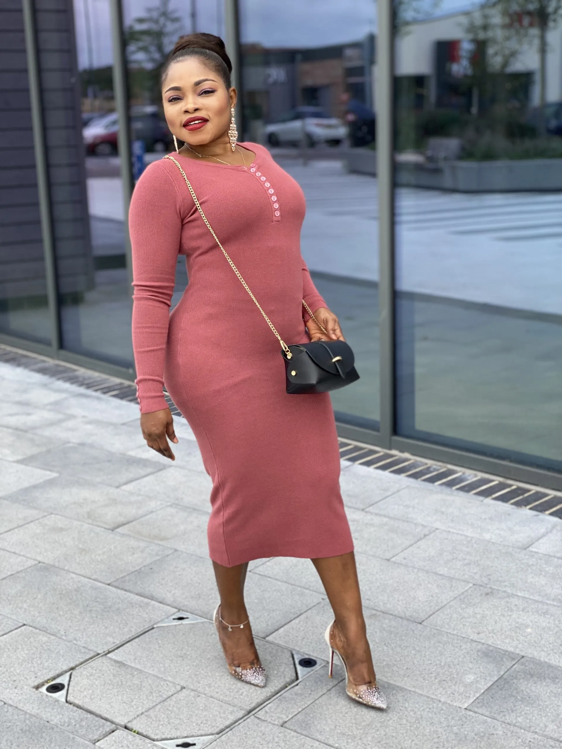 Body Con Button Knit Midi Dress -MLH