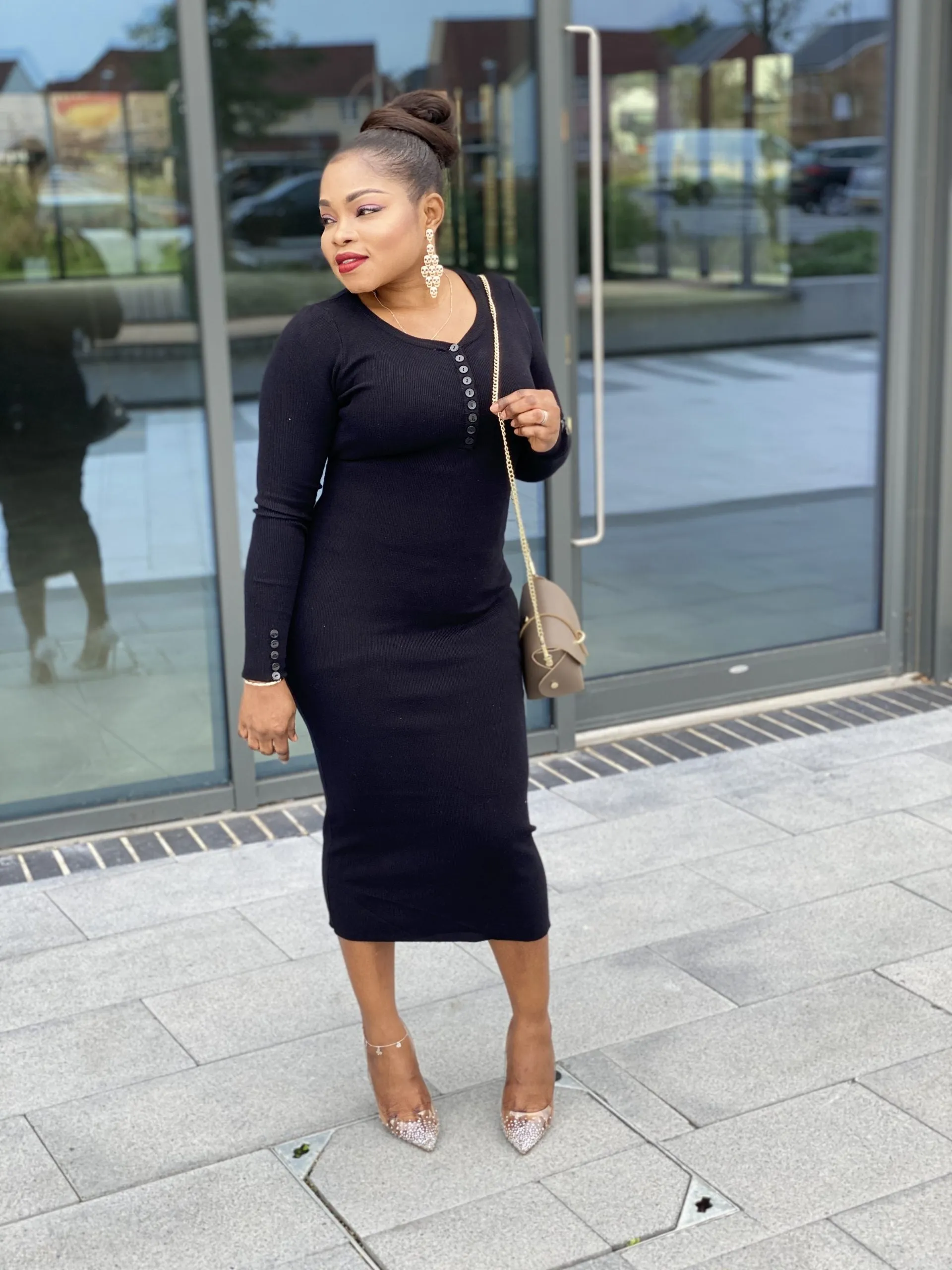 Body Con Button Knit Midi Dress -MLH