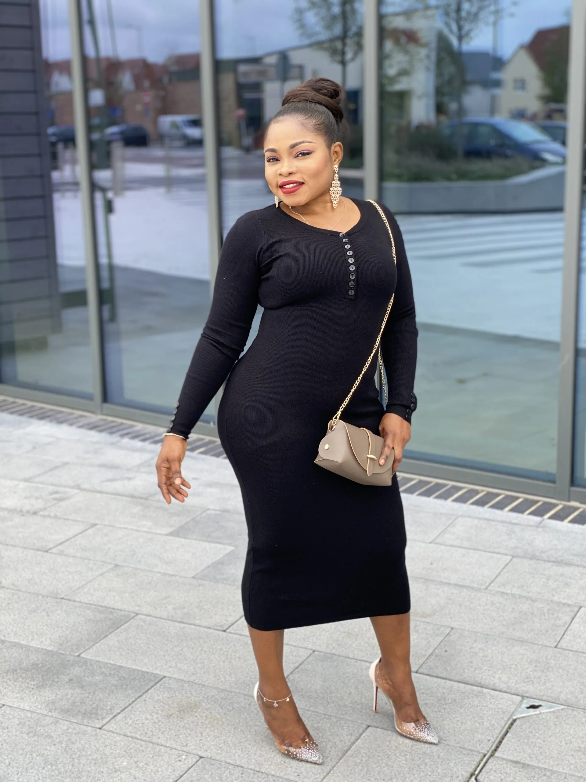 Body Con Button Knit Midi Dress -MLH