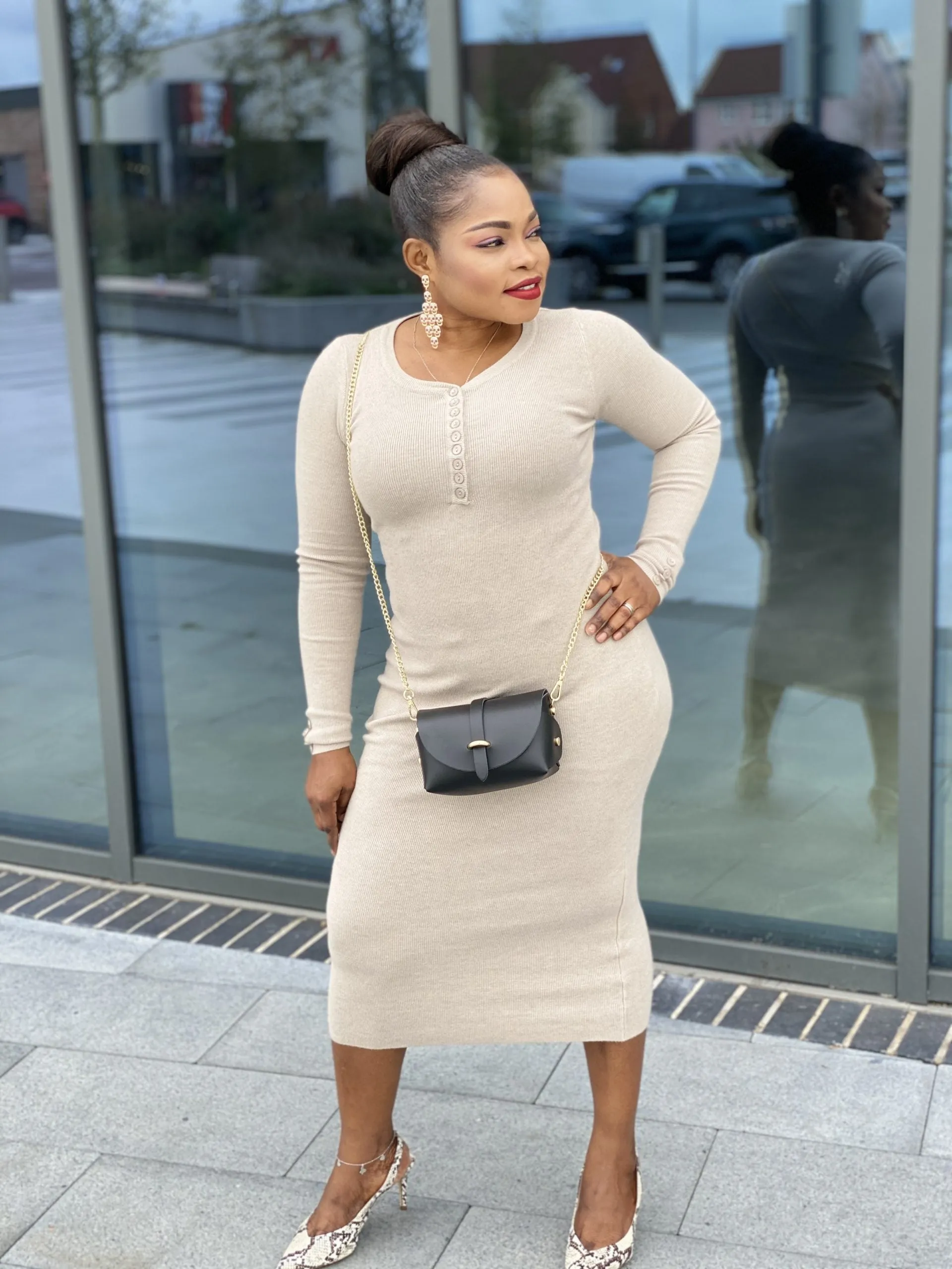 Body Con Button Knit Midi Dress -MLH