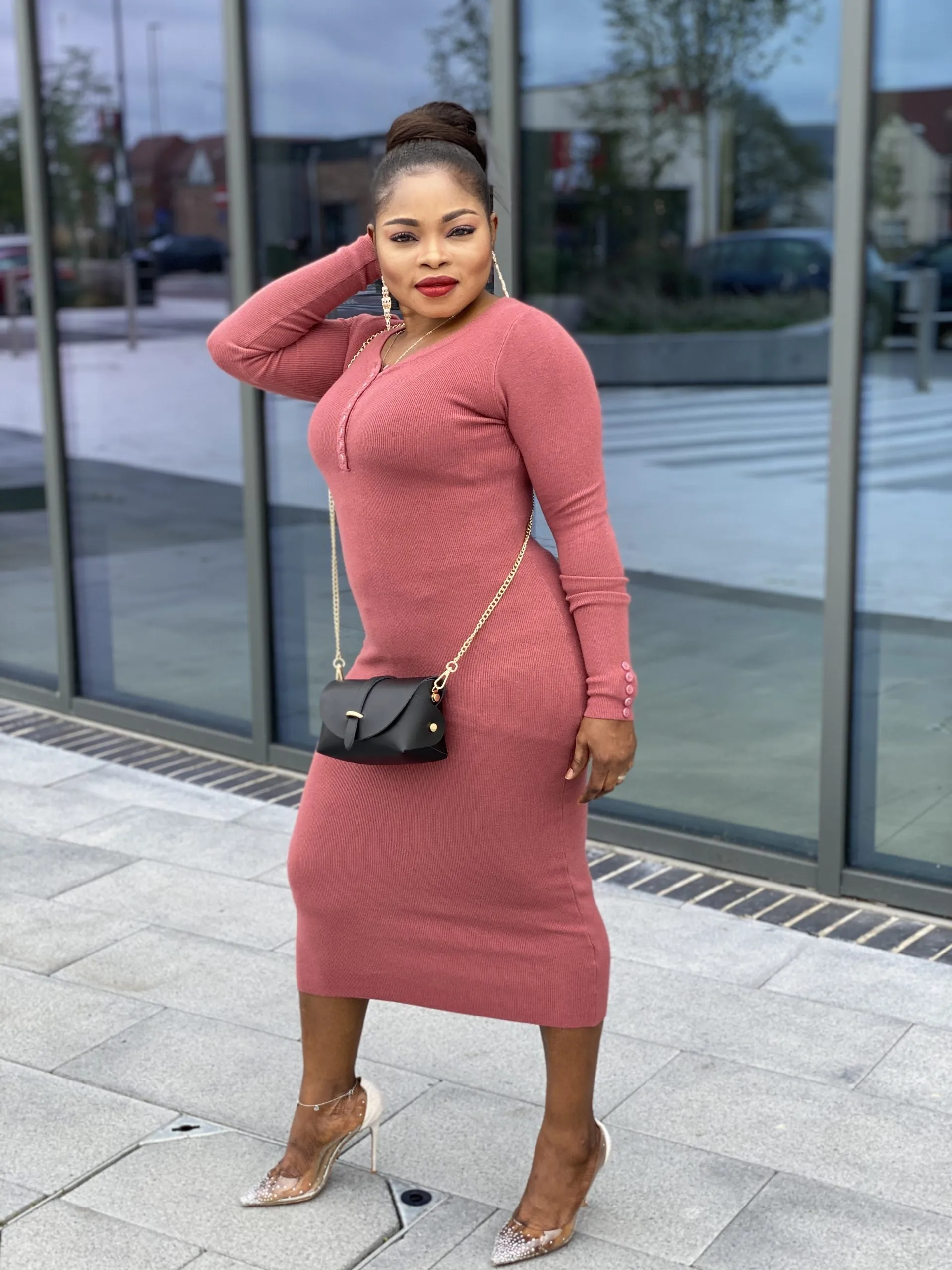 Body Con Button Knit Midi Dress -MLH