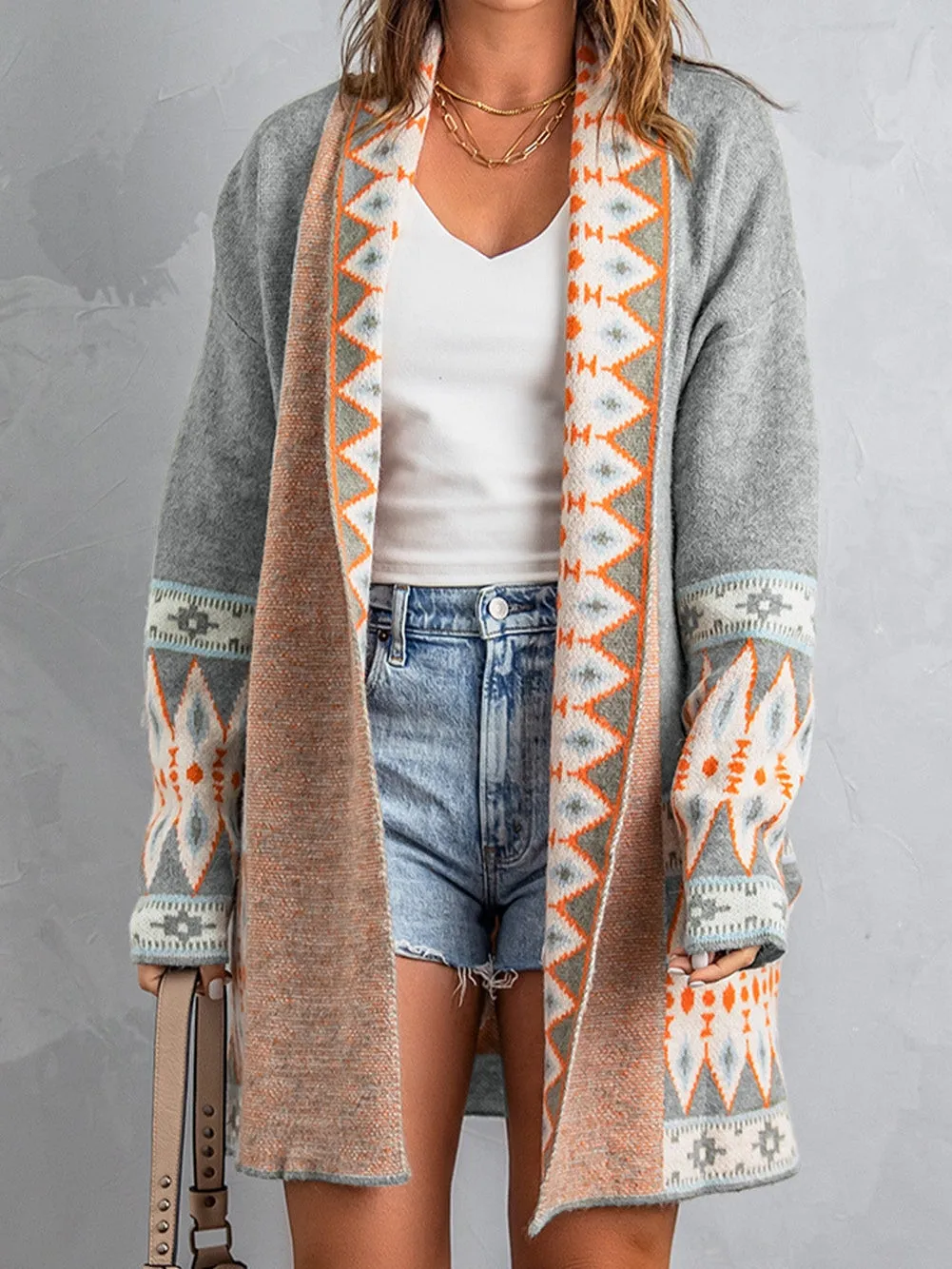 Cardigan with Ethnic Print
