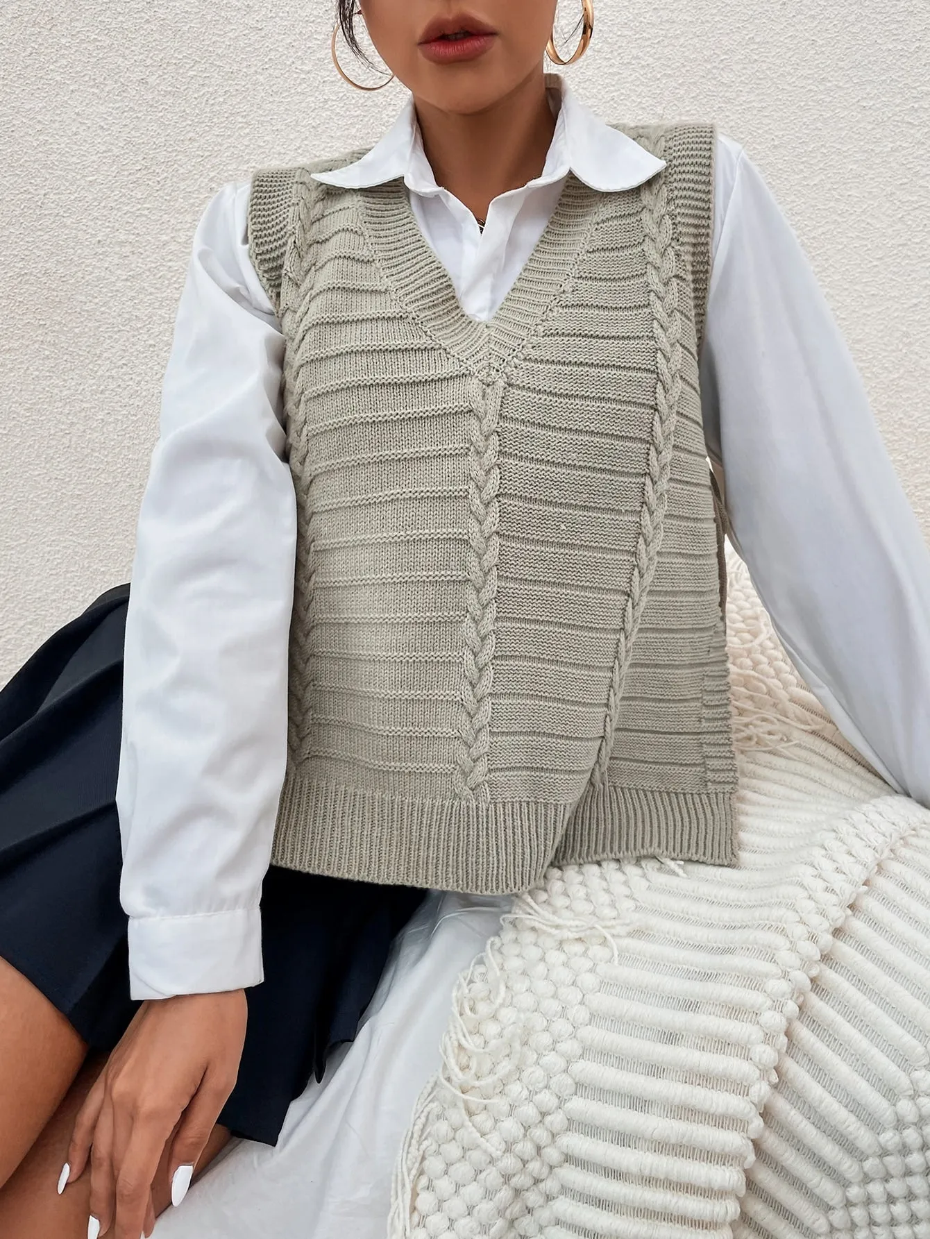 Casual Plain Split Sleeveless V Neck Regular Women Knit Top