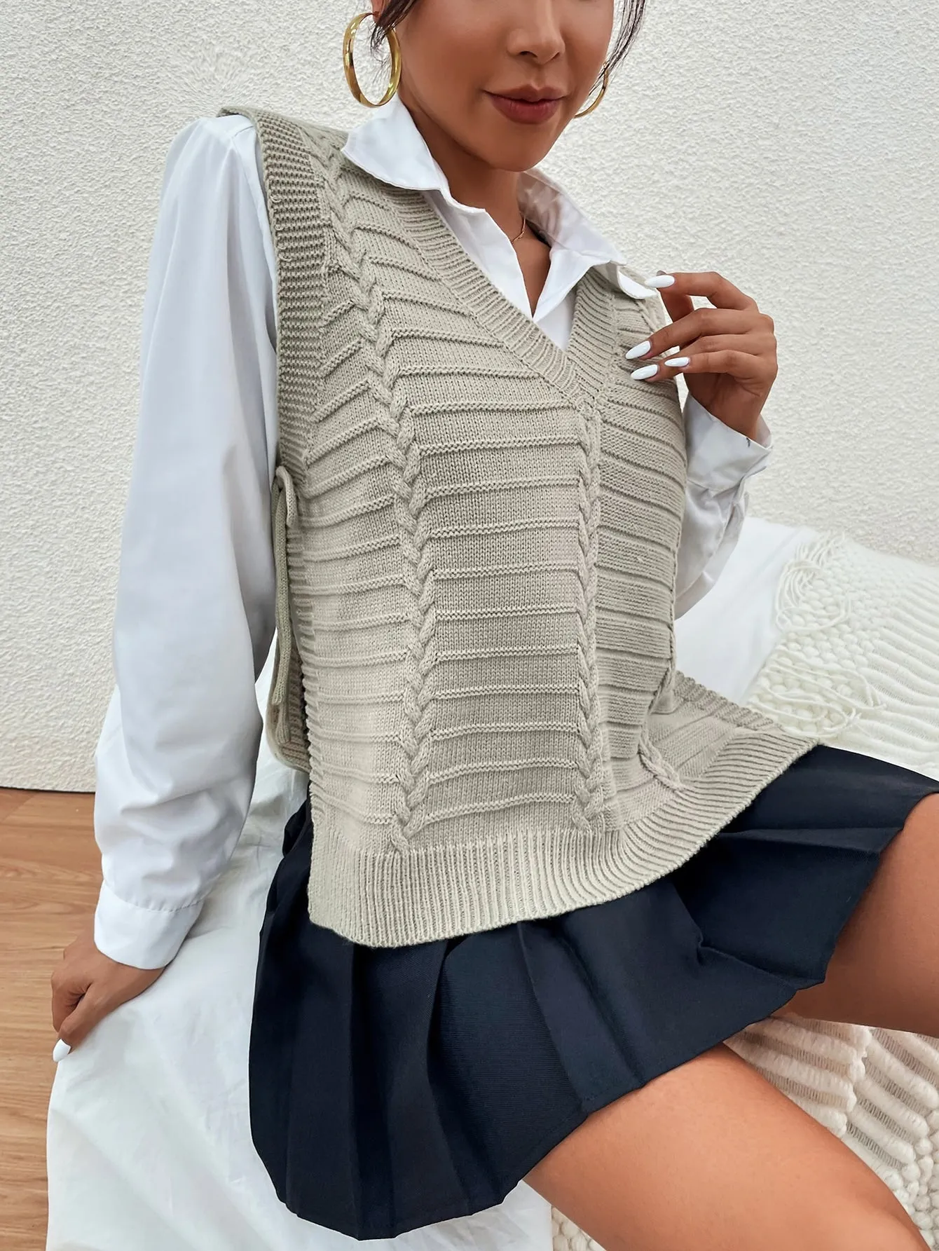 Casual Plain Split Sleeveless V Neck Regular Women Knit Top