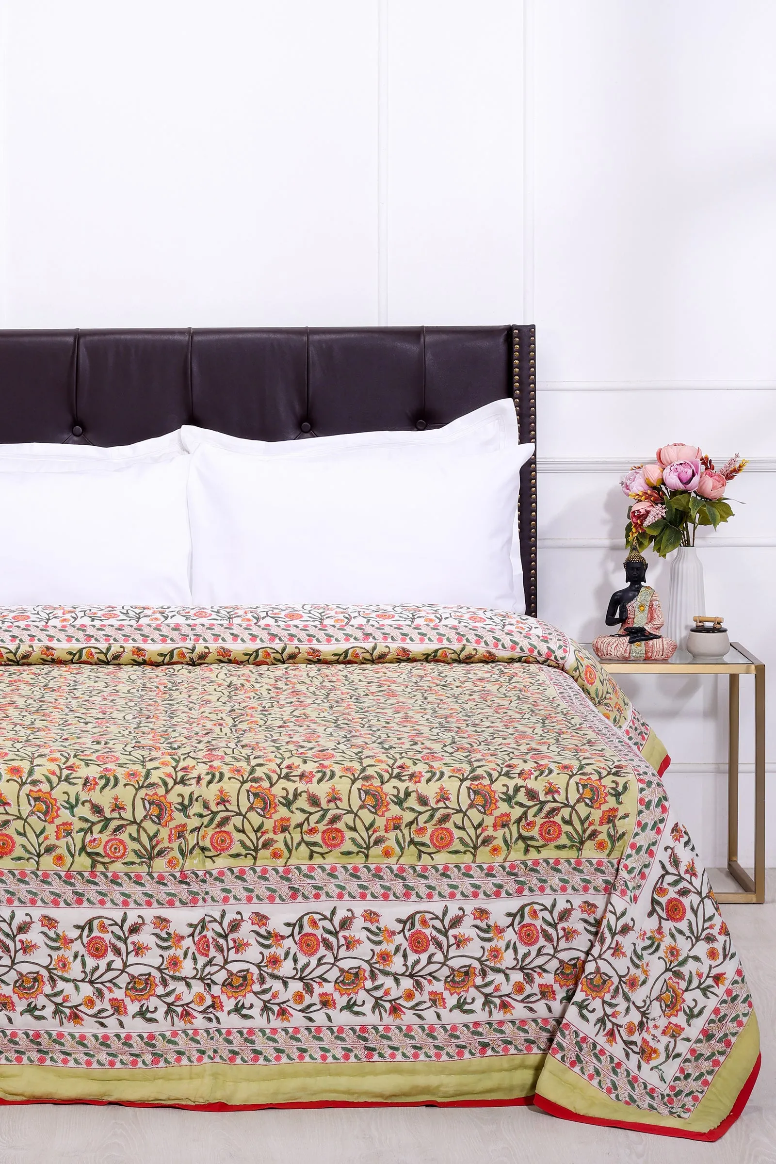 Chainika Flower Garden Hand Block Printed Green Cotton Muslin Quilt
