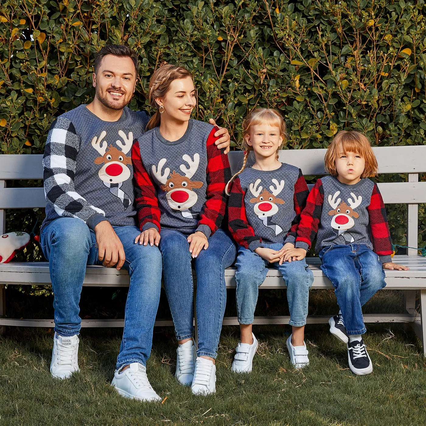 Christmas Family Matching Plaid Long-sleeve Spliced Reindeer Graphic Textured Sweatshirts