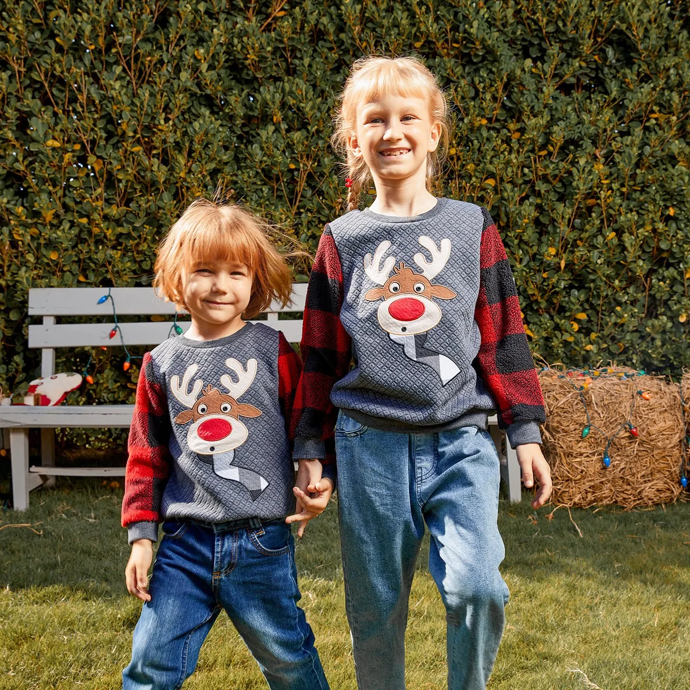 Christmas Family Matching Plaid Long-sleeve Spliced Reindeer Graphic Textured Sweatshirts