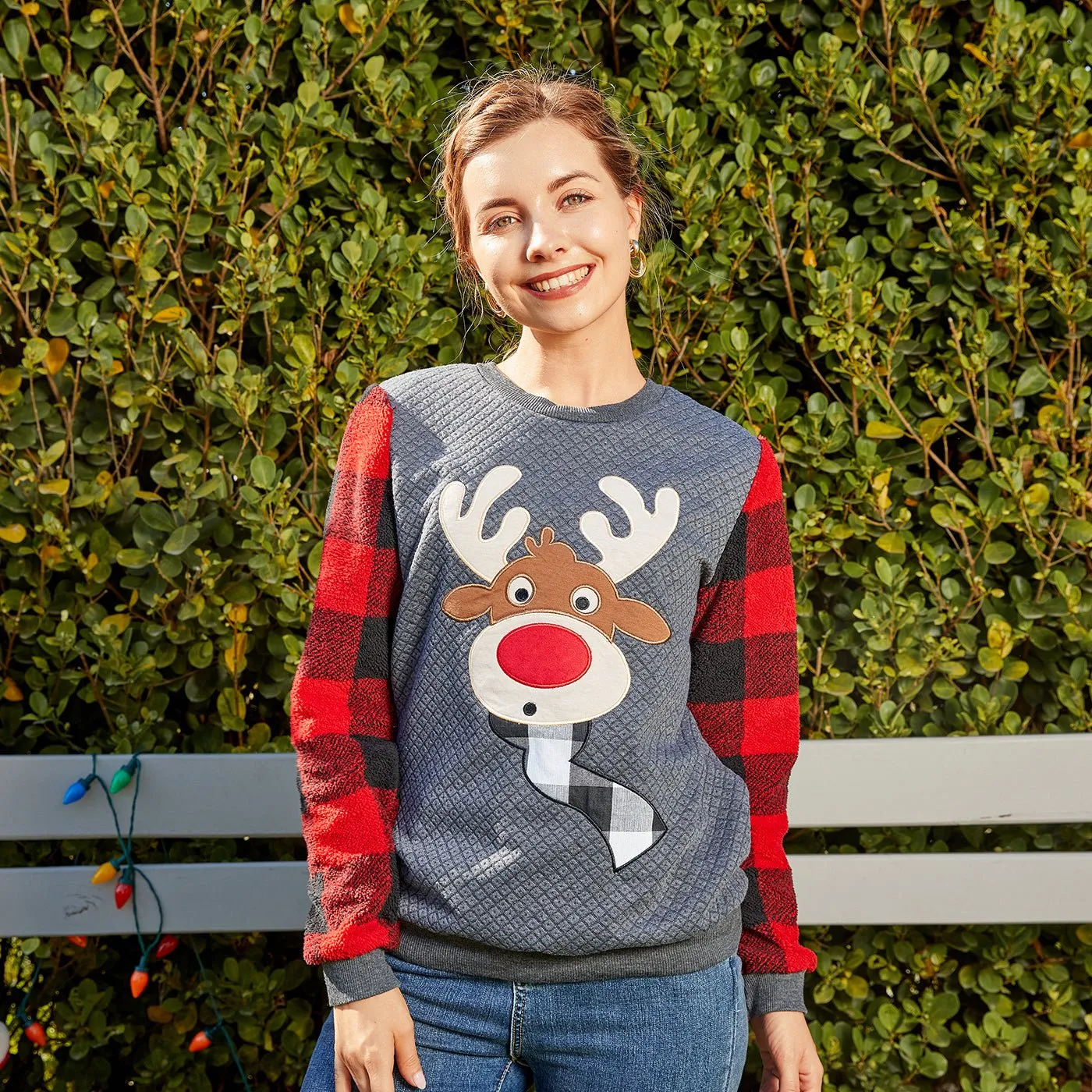 Christmas Family Matching Plaid Long-sleeve Spliced Reindeer Graphic Textured Sweatshirts