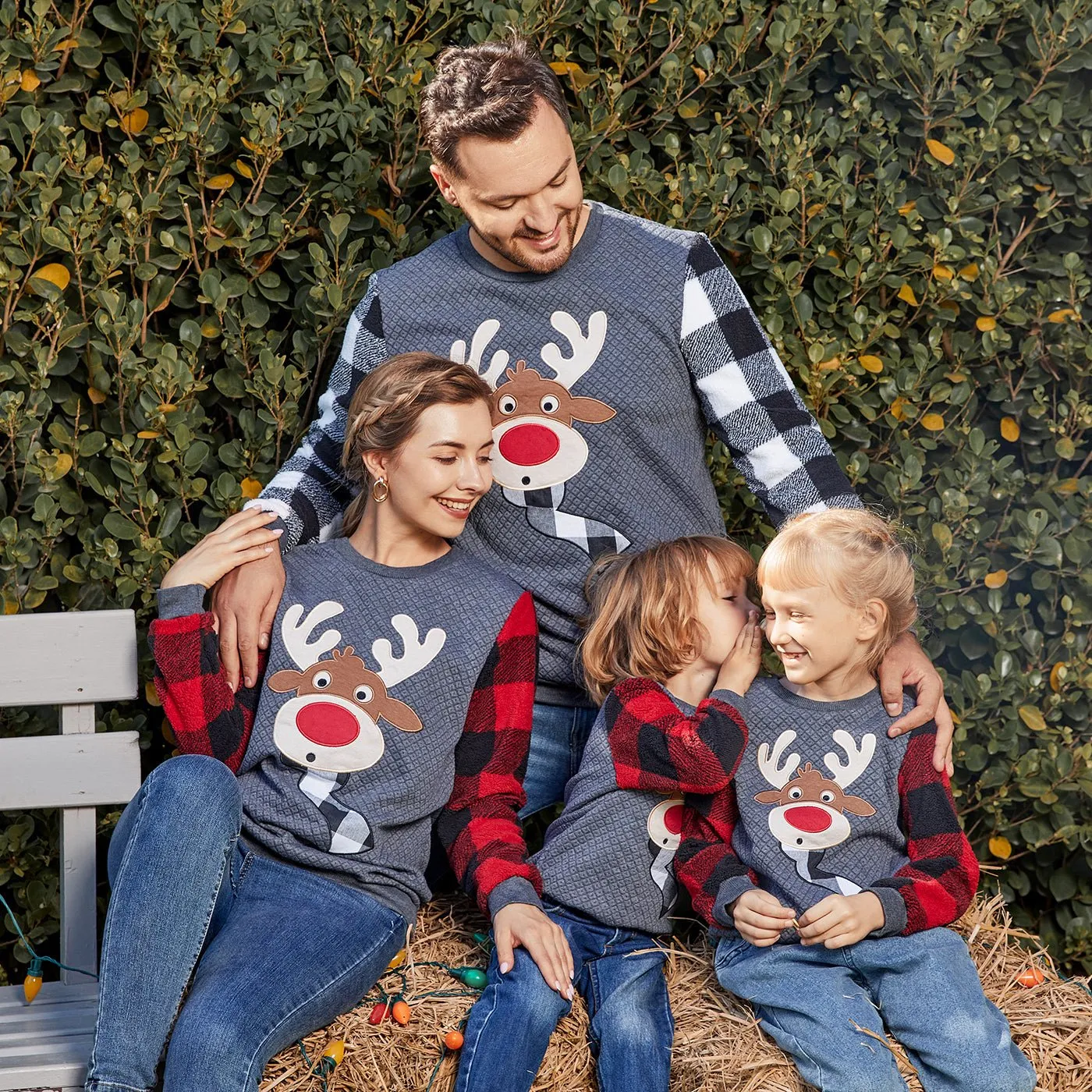 Christmas Family Matching Plaid Long-sleeve Spliced Reindeer Graphic Textured Sweatshirts