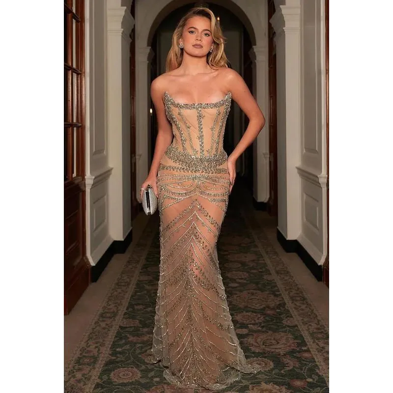 Couture & Ornate Off-Shoulder Sleeveless Sparkly Sheath Evening Party Prom Dress