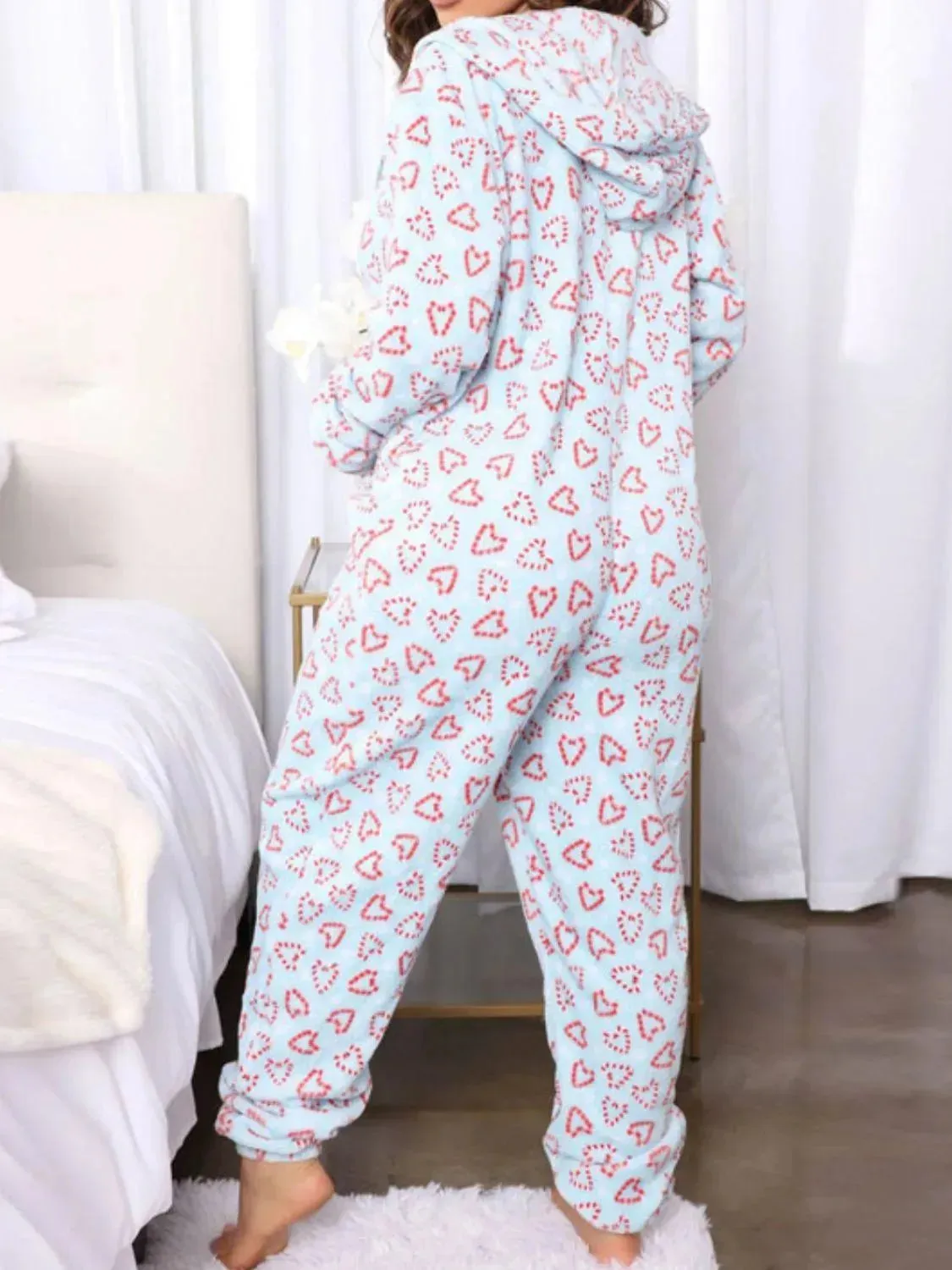 Cozy Printed Hooded Lounge Jumpsuit with Zip Closure