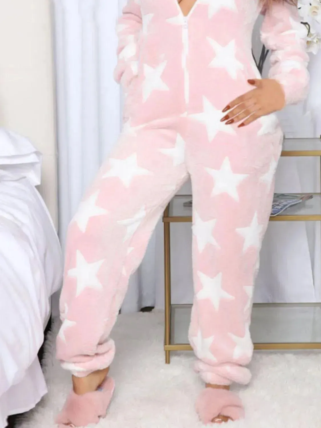Cozy Printed Hooded Lounge Jumpsuit with Zip Closure