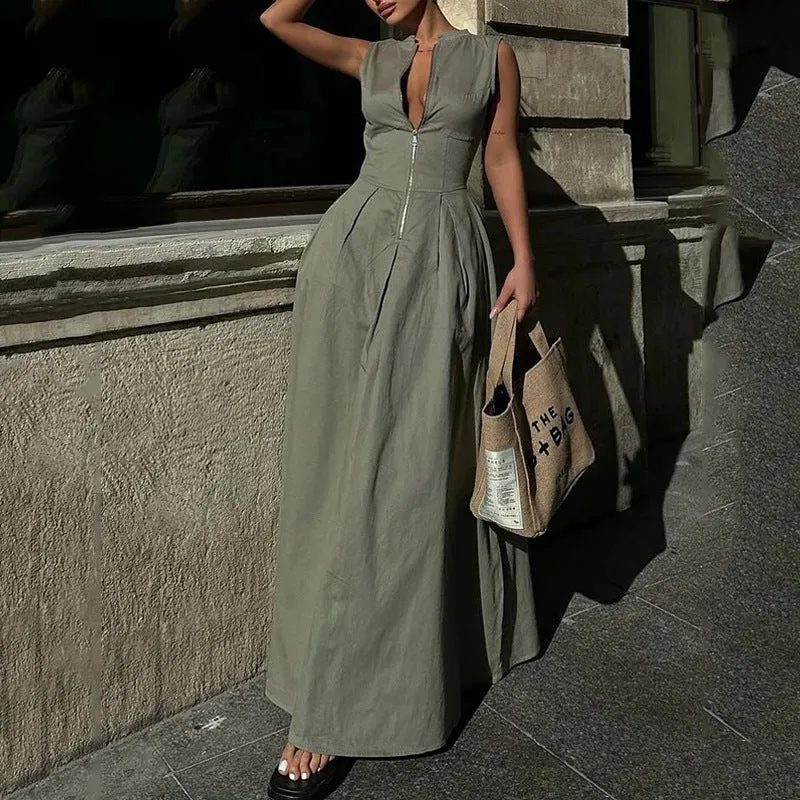 Darianrojas 2000s fashion New Fashion Ladies Fashion Casual Sleeveless Solid Color Waist Dress
