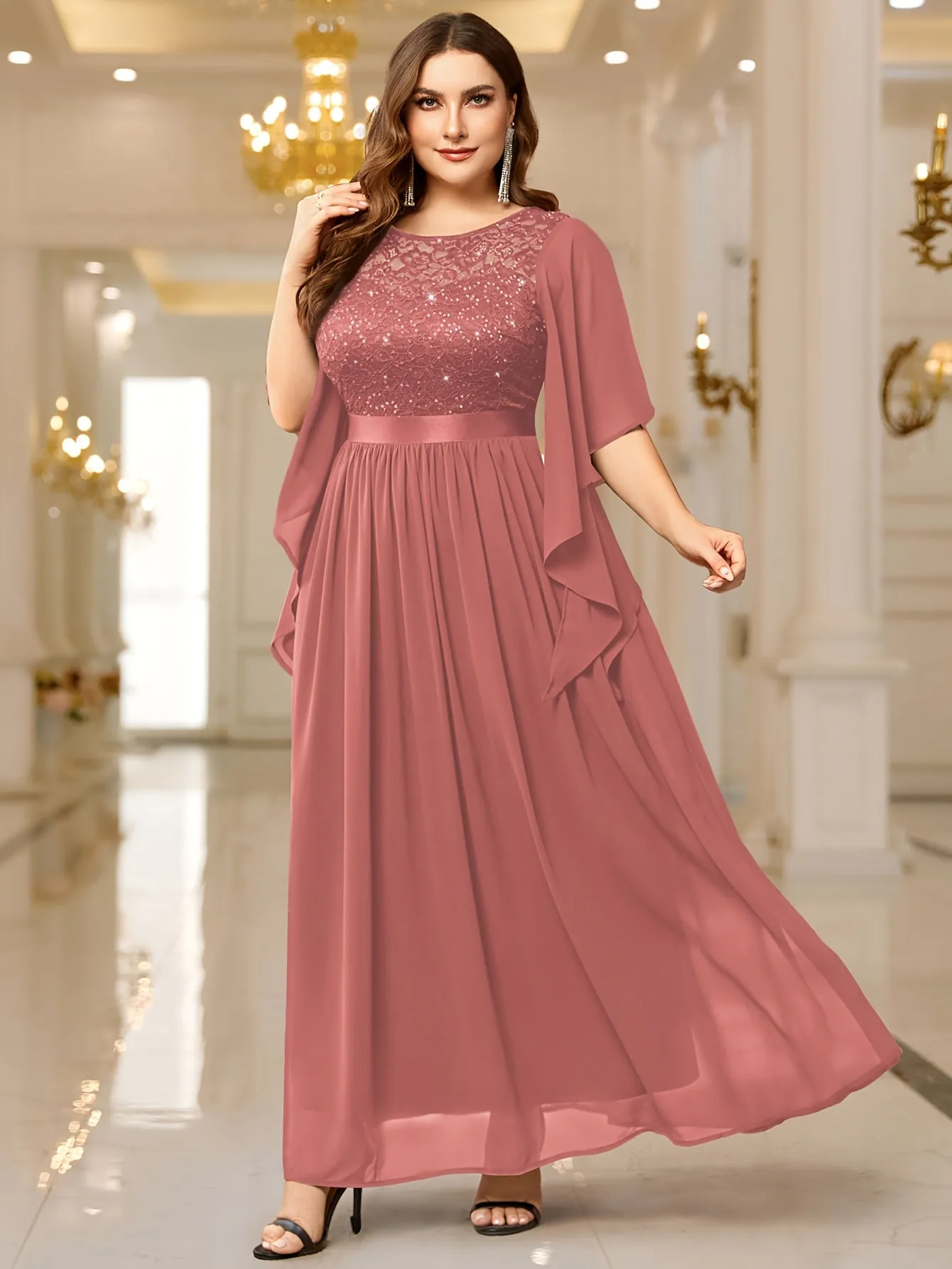 Elegant Lace-Trimmed Chiffon Maxi Dress with Butterfly Sleeves