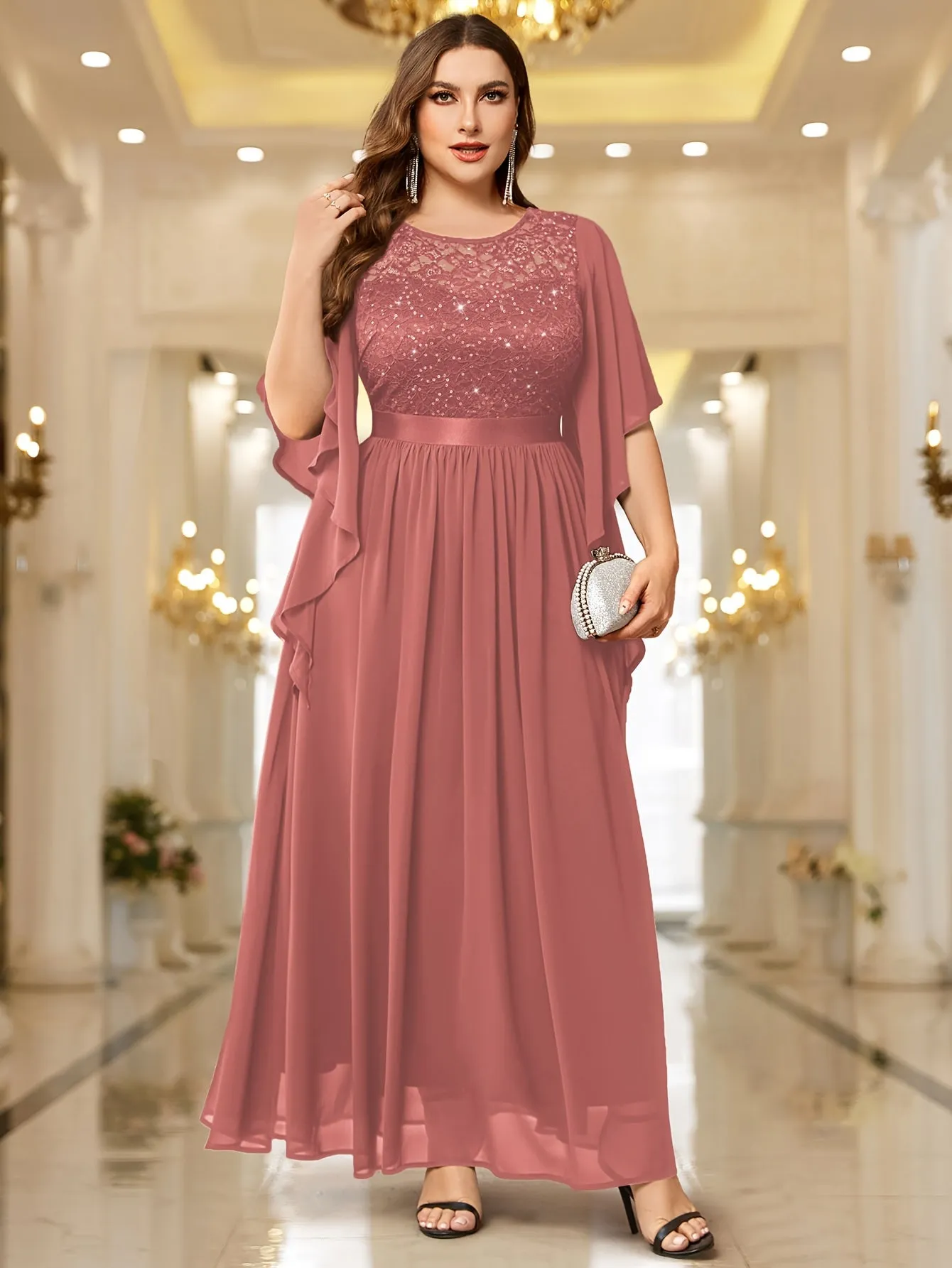 Elegant Lace-Trimmed Chiffon Maxi Dress with Butterfly Sleeves