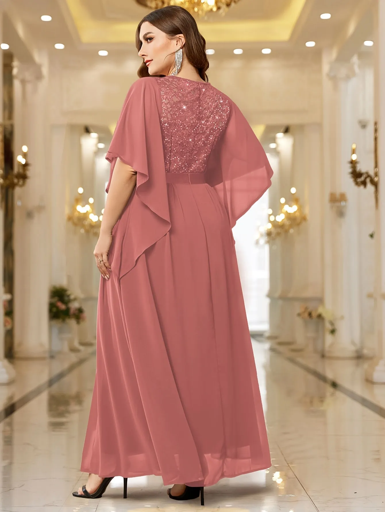 Elegant Lace-Trimmed Chiffon Maxi Dress with Butterfly Sleeves