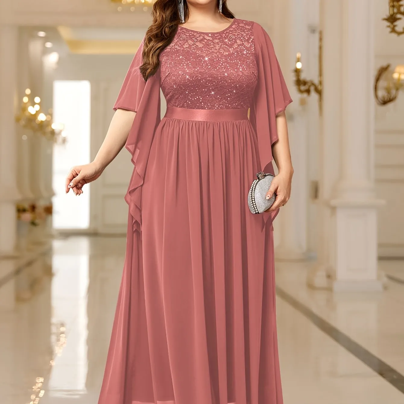 Elegant Lace-Trimmed Chiffon Maxi Dress with Butterfly Sleeves