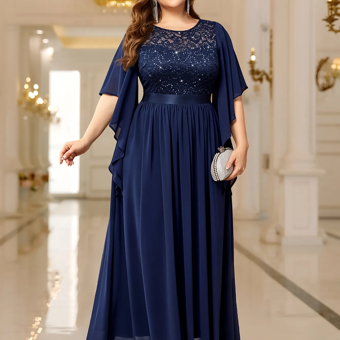 Elegant Lace-Trimmed Chiffon Maxi Dress with Butterfly Sleeves