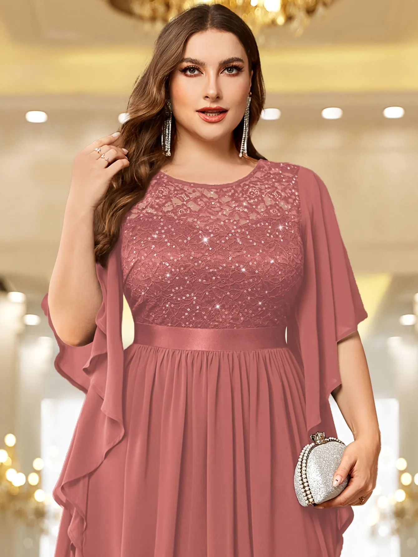 Elegant Lace-Trimmed Chiffon Maxi Dress with Butterfly Sleeves