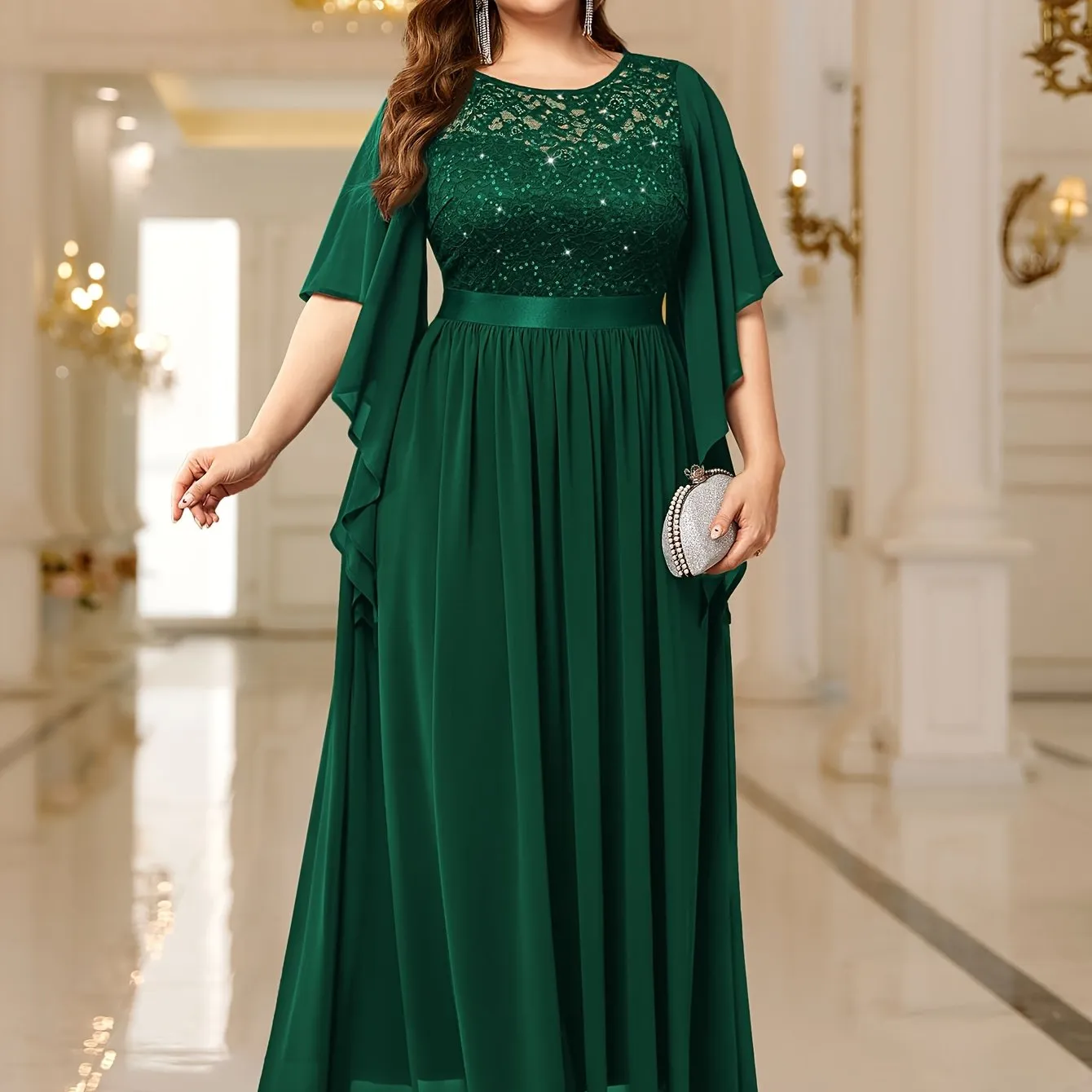 Elegant Lace-Trimmed Chiffon Maxi Dress with Butterfly Sleeves