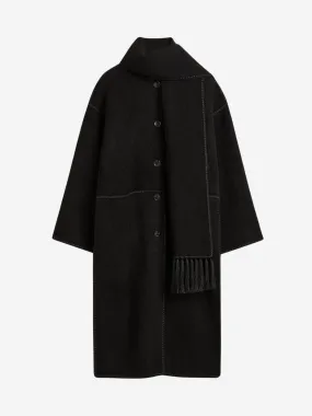 Embroidered Scarf Coat - Black