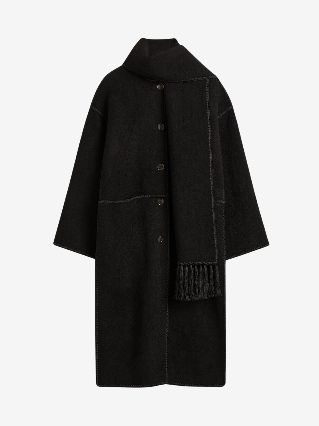 Embroidered Scarf Coat - Black