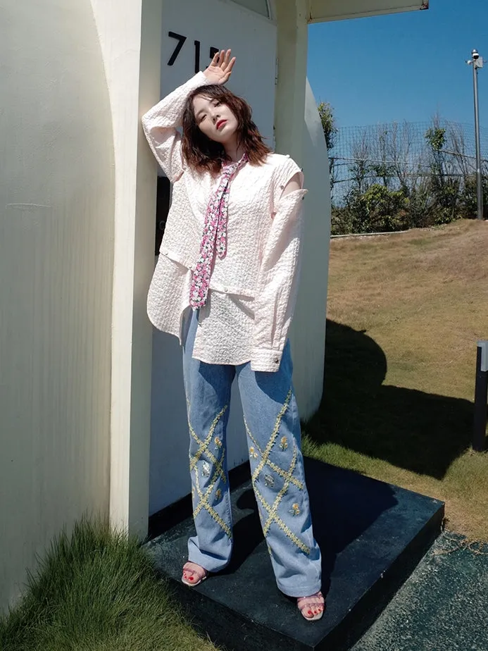 Embroidery Flowers Jeans Wide-leg High-waist Pants