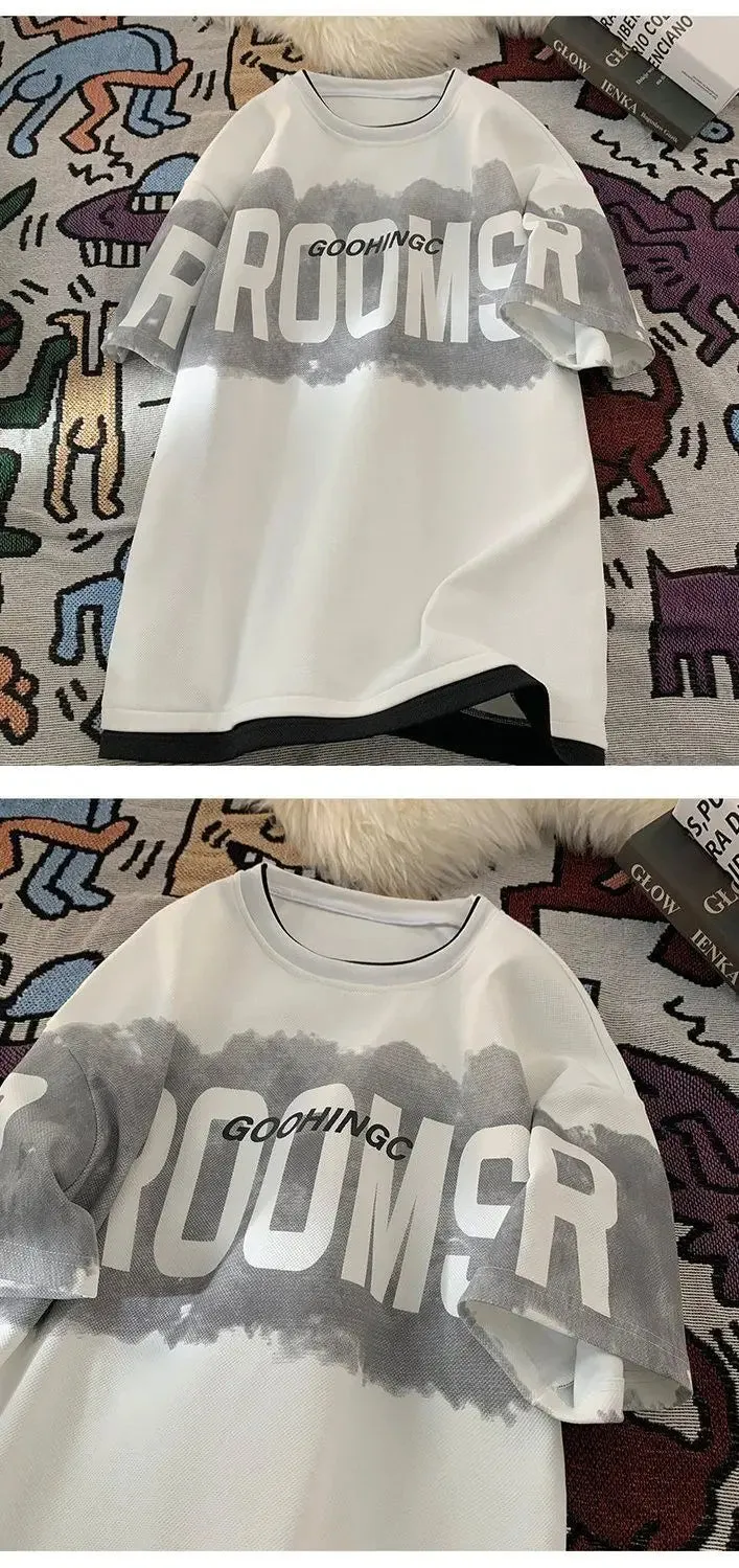 Fake two piece T shirt Men's Brand letters Loose round neck Heavy half sleeve.