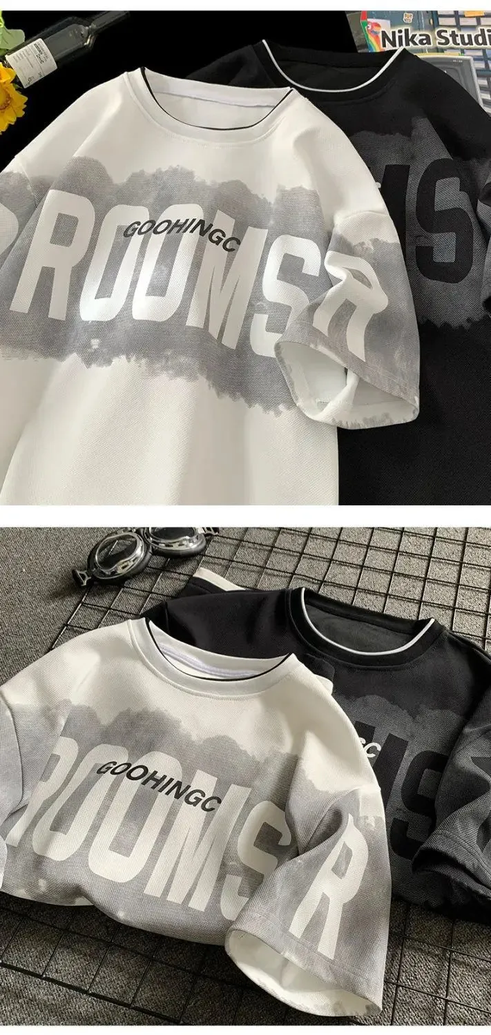 Fake two piece T shirt Men's Brand letters Loose round neck Heavy half sleeve.