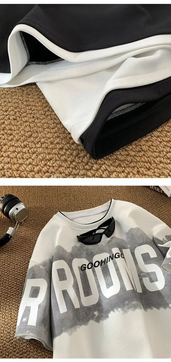 Fake two piece T shirt Men's Brand letters Loose round neck Heavy half sleeve.