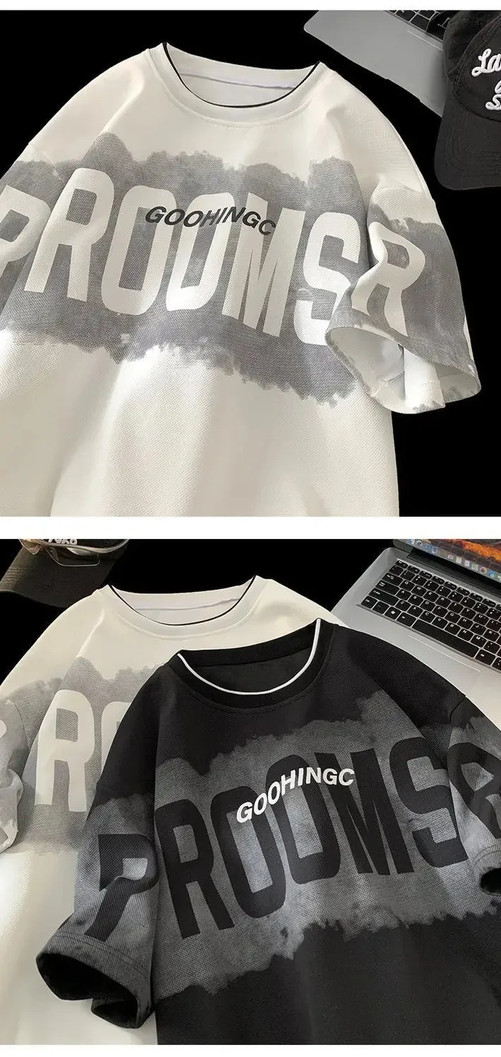 Fake two piece T shirt Men's Brand letters Loose round neck Heavy half sleeve.