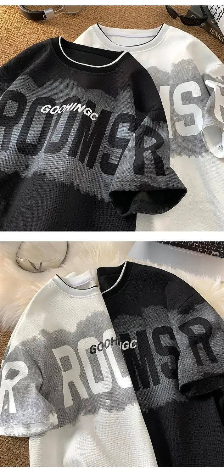 Fake two piece T shirt Men's Brand letters Loose round neck Heavy half sleeve.