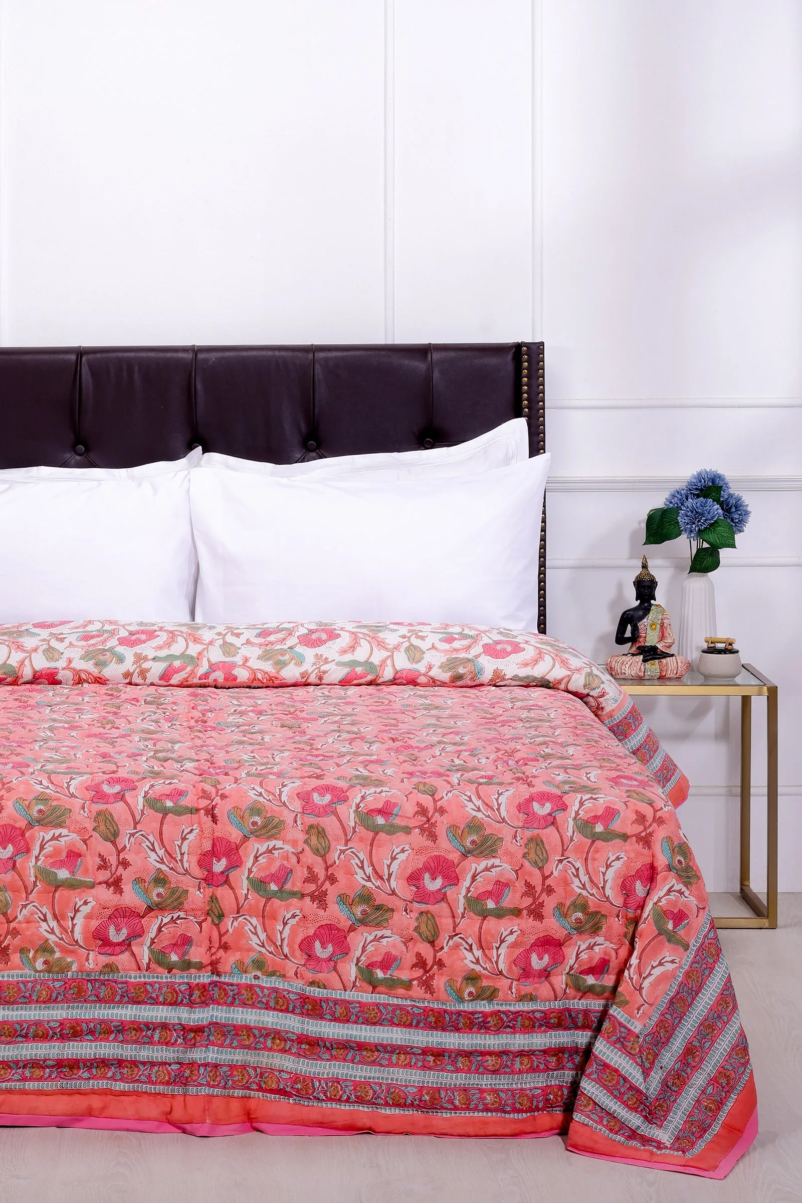 Fariza Flower Garden Hand Block Printed Pink Cotton Muslin Quilt